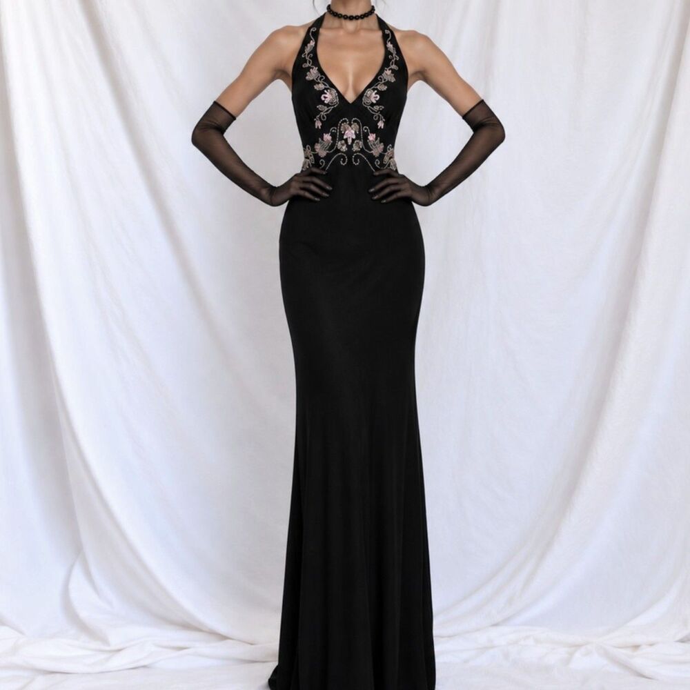 Vintage Y2K Black Floral Beaded Knit Bodycon Cocktail Maxi Prom Dress Size M